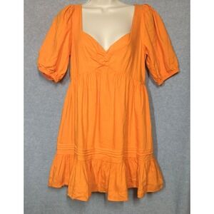 GIANNI BINI Mini Dress 6 Orange Linen Blend Smocked Ruffled Puff Sleeves Playful